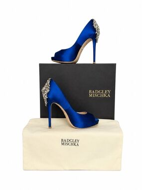 Badgley Mischka Royal Blue Satin Peep-Toe Stilettos with Crystal Heel Detail
